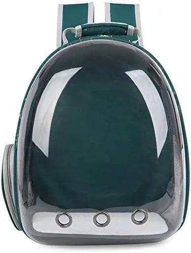 Mochila transportadora para mascotas transparente en verde azulado oscuro con acentos verde claro.