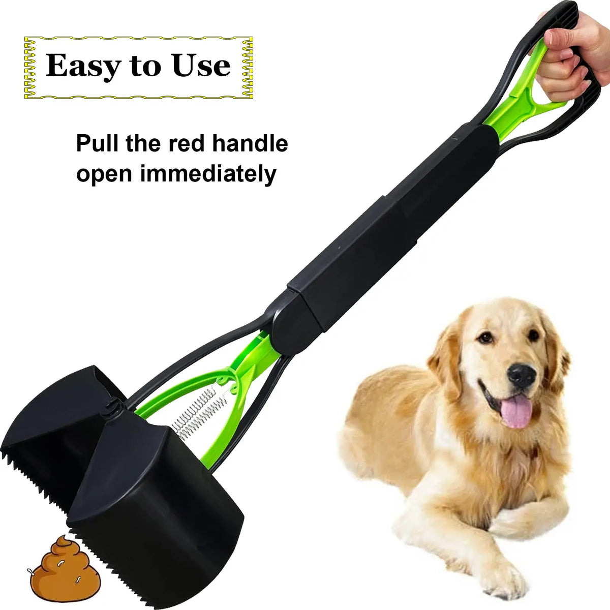 A black and lime green foldable pet poop scooper with a red handle is shown next to a golden retriever.