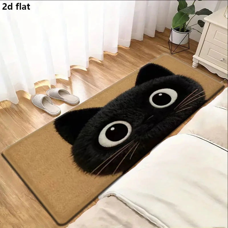 A cute black cat shaped bathroom mat placed on a wooden floor next to a bed.