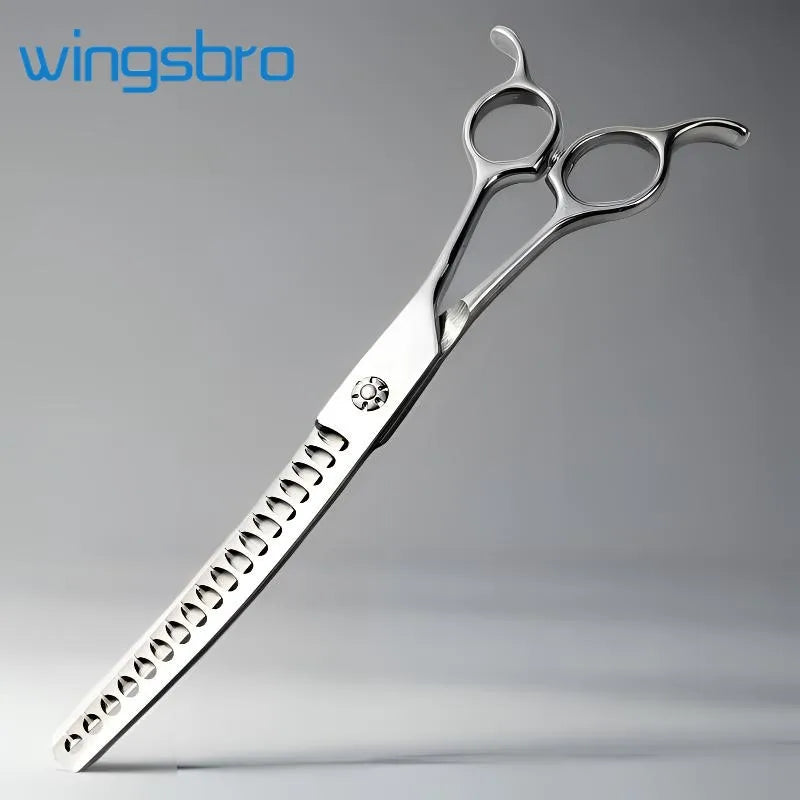 Silver professional pet grooming scissors with serrated blades and hinged handles