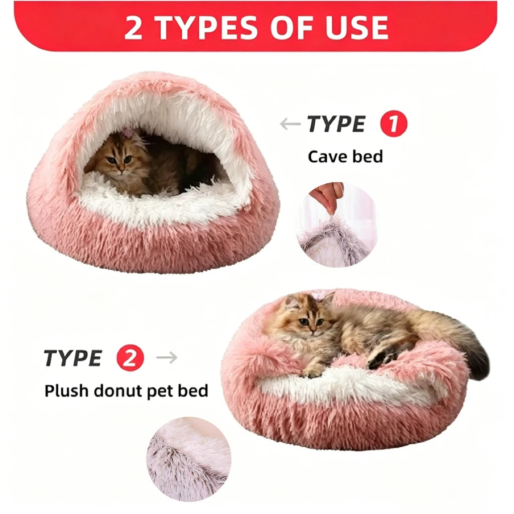 Two types of plush pet beds for cats and dogs, including a cave bed and a plush donut pet bed.