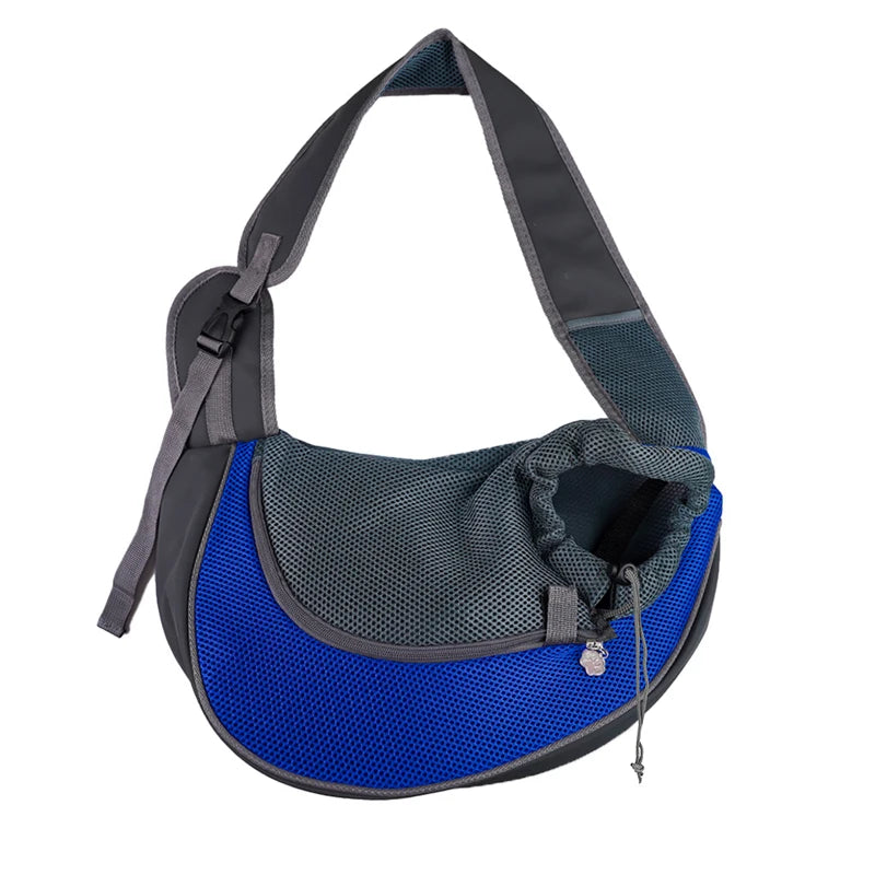 A dark gray and blue breathable mesh pet carrier sling with adjustable straps.