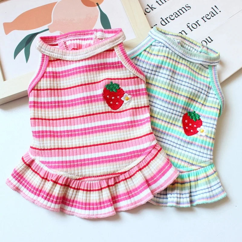 Summer Suspender Dog Dress - Striped Strawberry Print