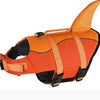 An orange dog life jacket for swimming with black accents and reflective features.