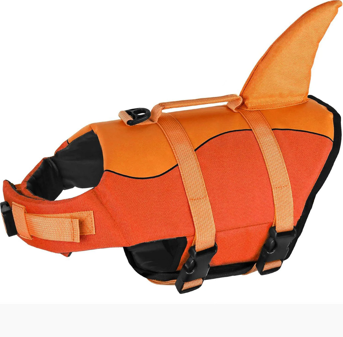 An orange dog life jacket for swimming with black accents and reflective features.