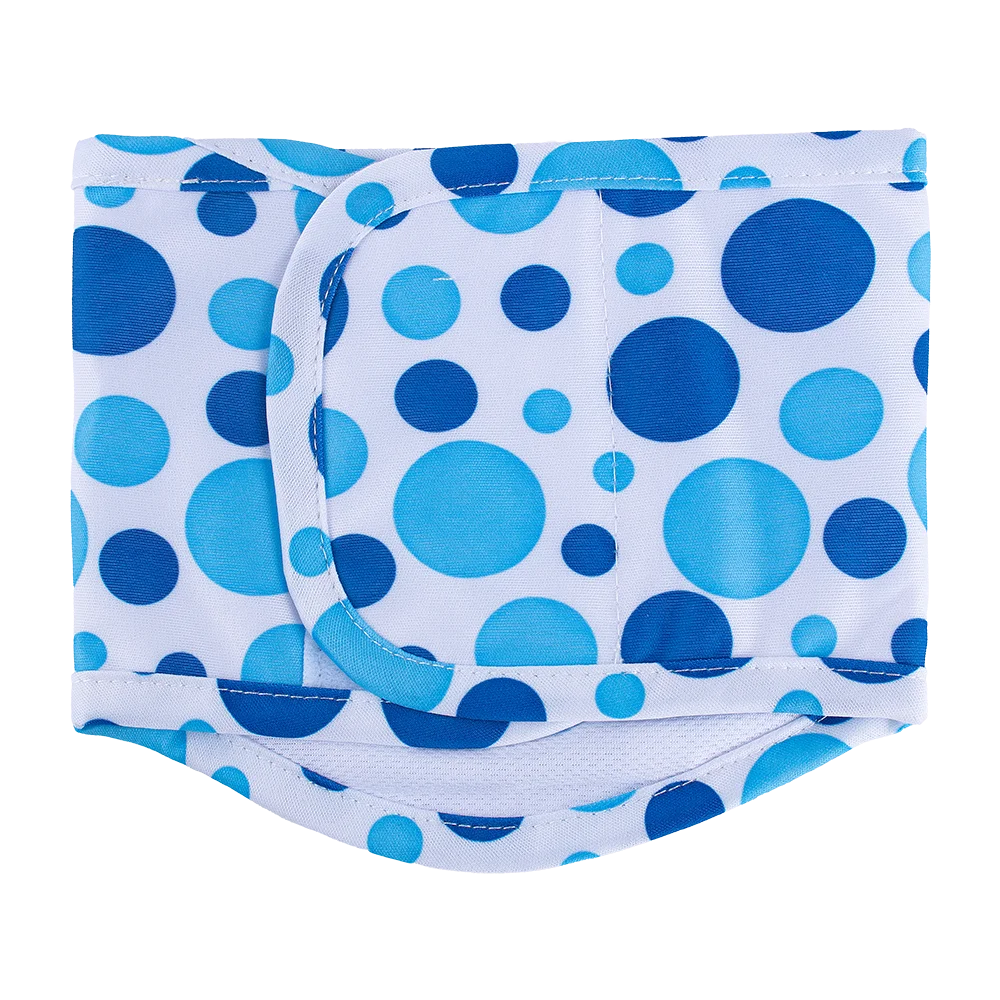 White and blue polka dot reusable male dog sanitary pants with an adjustable fit.