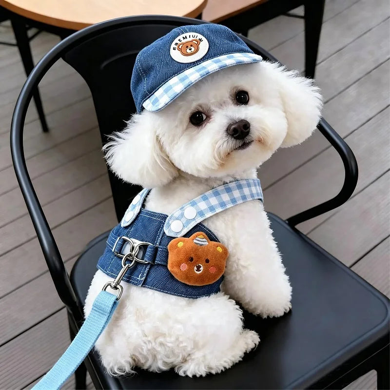 Denim Dog Harness and Leash Set with Matching Hat
