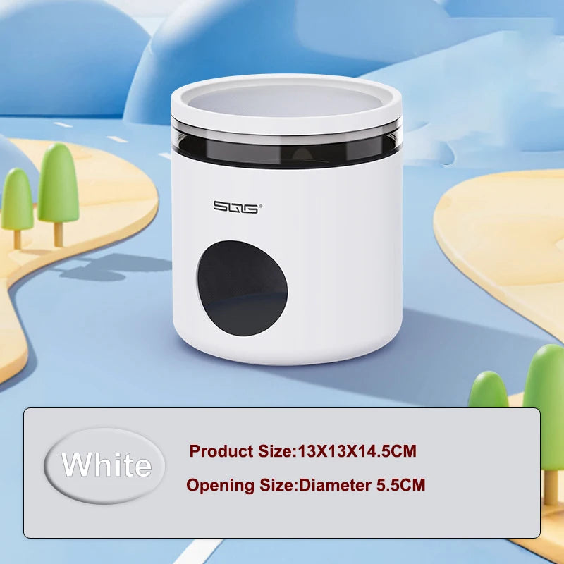 A white cooling hideout container with a black lid and a circular opening is shown on a light blue surface.