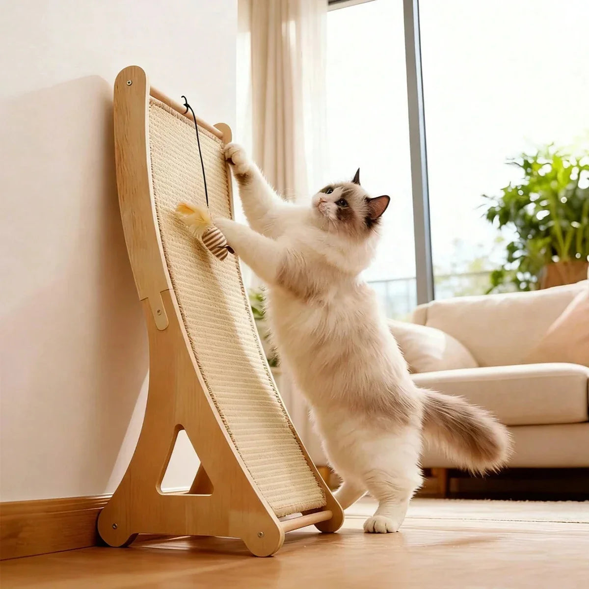 Un gato blanco peludo usa un rascador vertical de sisal natural para jugar en interiores sobre un suelo de madera.