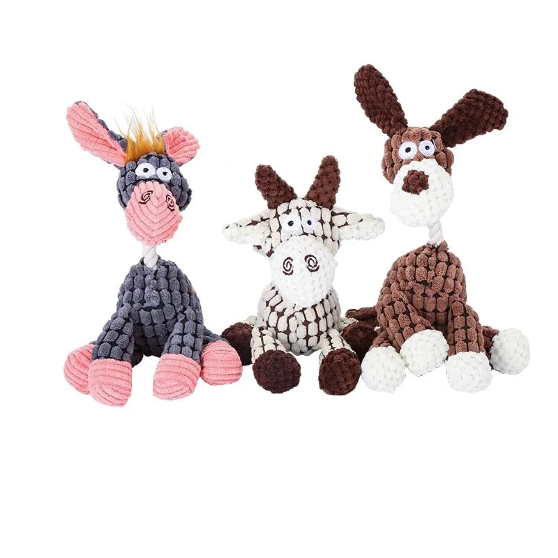 A plush stuffed donkey dog toy with a squeaker, featuring brown and white fur.