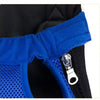 Close-up of a blue breathable mesh pet carrier backpack with black and blue fabric details.