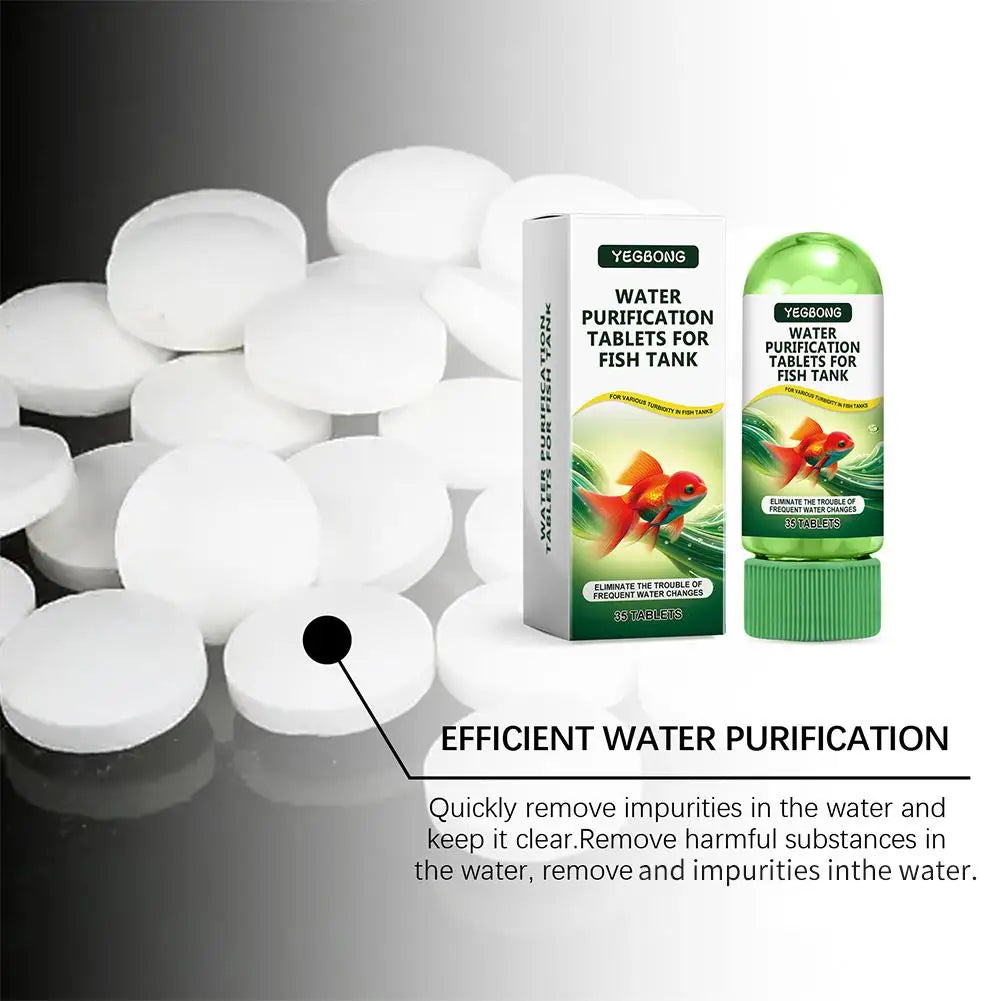 Pack of water purification tablets for fish tank shown next to white foam discs and a green box.