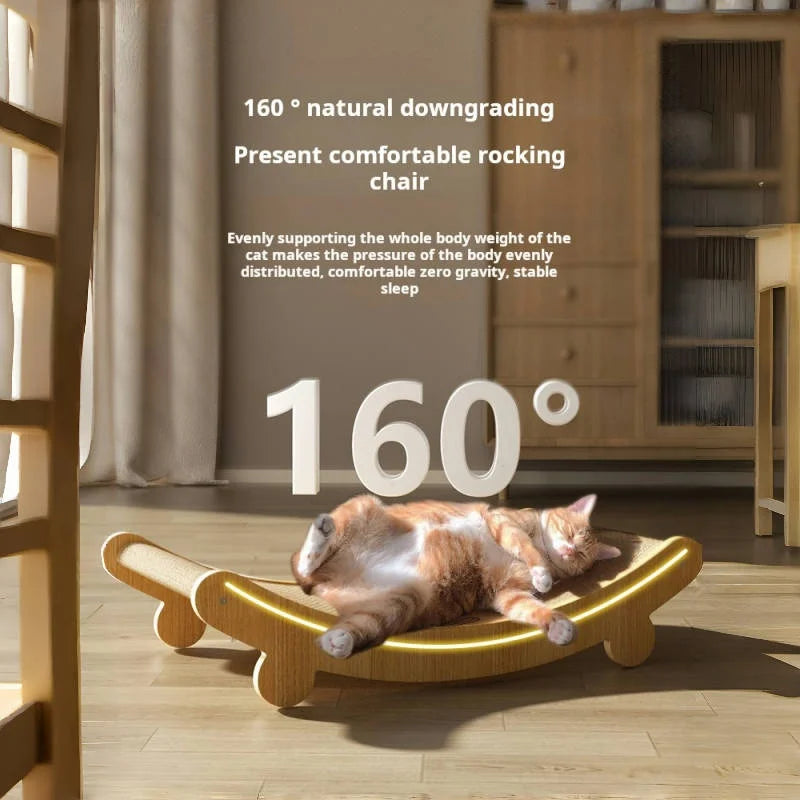 A cat is relaxing on a natural fiber sisal scratching chair and lounge bed designed for comfortable rocking sleep.