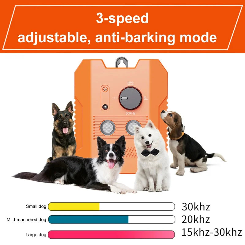 Orange ultrasonic dog bark deterrent device with three speed modes shown next to dogs.