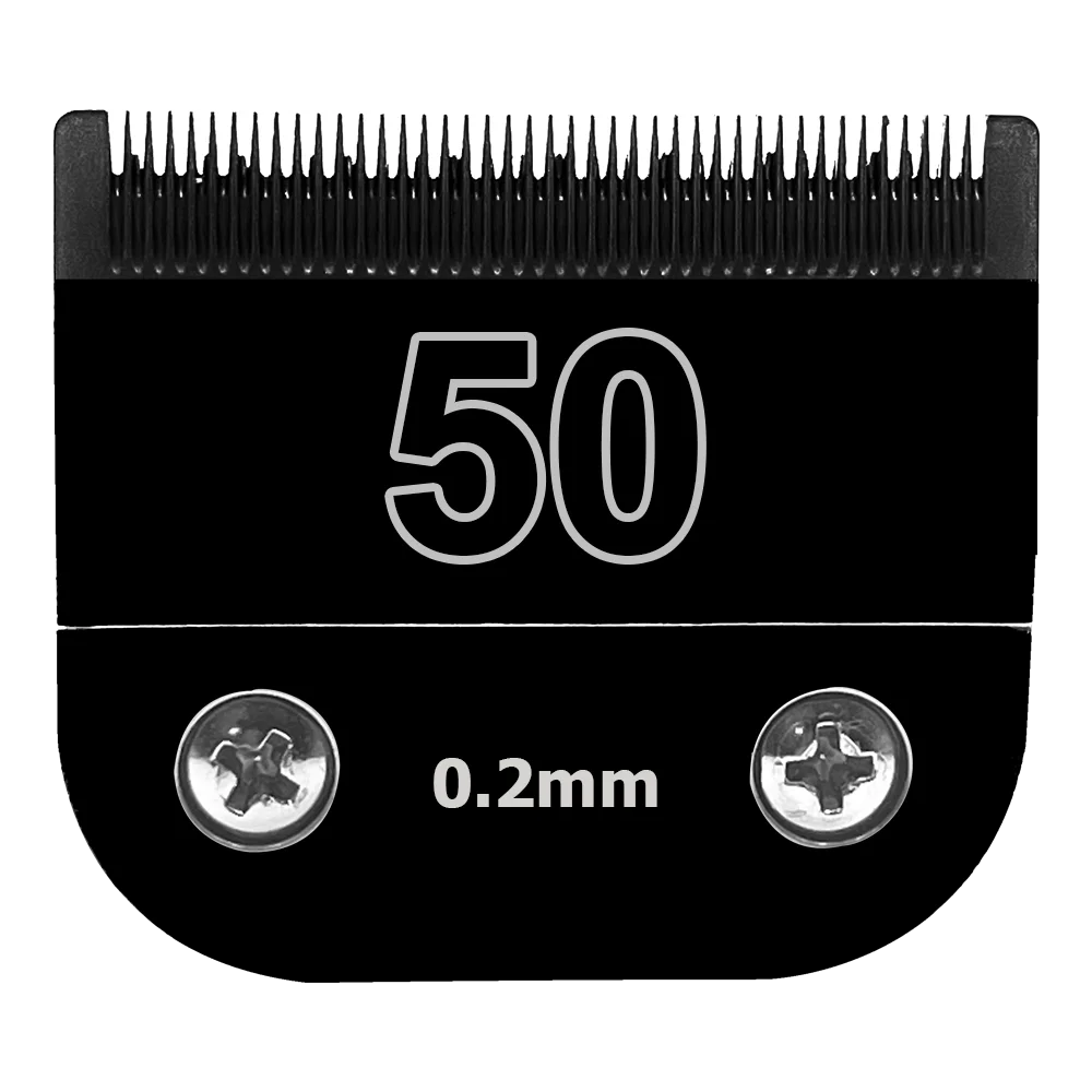 A close-up view of a professional dog clipper blade set with a 50 tooth comb and a 0.2mm measurement indicator.