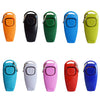 A collection of ten brightly colored dog training clickers and whistles in various shades including orange, black, green, blu