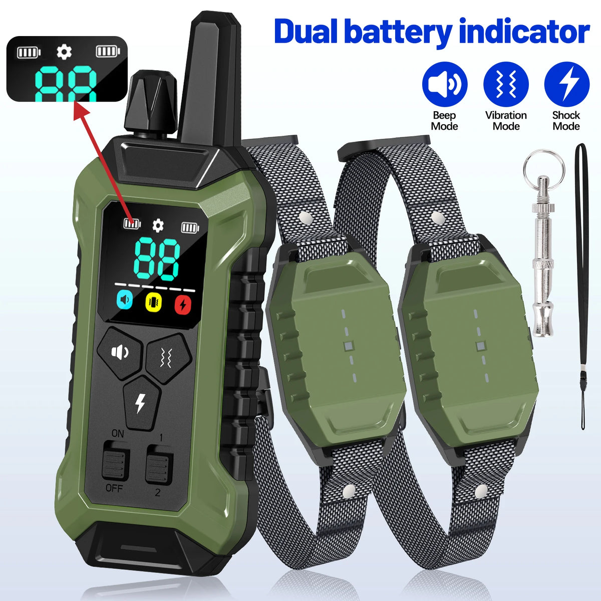 A dual battery indicator remote control dog training collar with green and black components and straps.