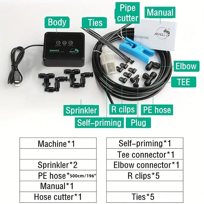 A set of automatic reptile terrarium fogger components including a body, ties, sprinkler, PE hose, manual, and pipe cutter.