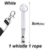 White adjustable ultrasonic dog whistle with a metal clip and rope for pet training