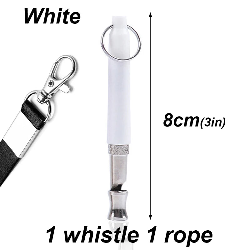 White adjustable ultrasonic dog whistle with a metal clip and rope for pet training