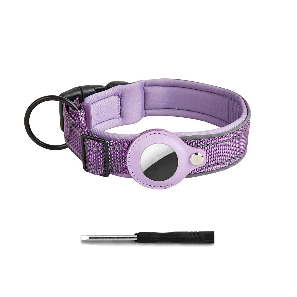 A purple reflective dog collar with a built-in holder for an AirTag.