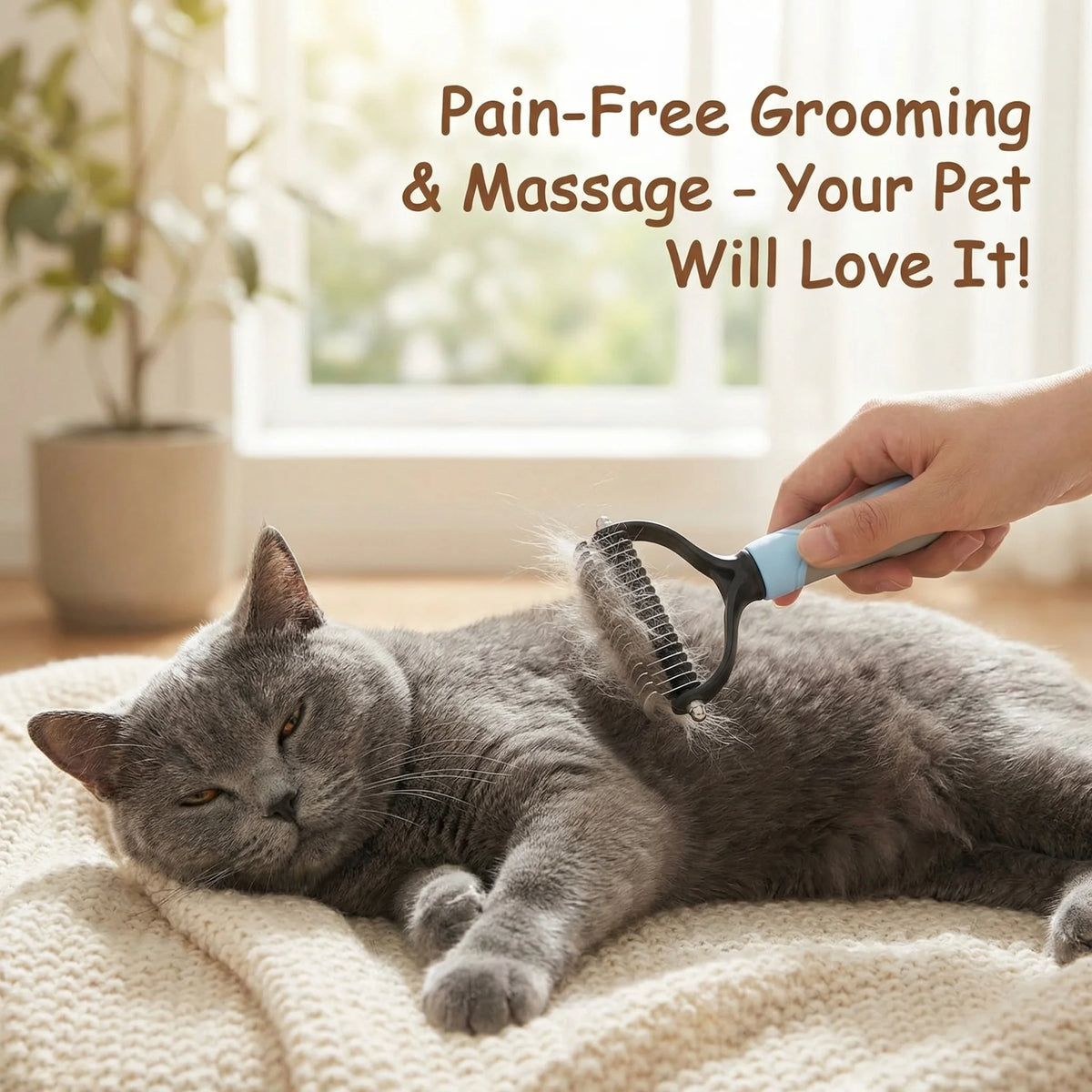A hand is using a stainless steel pet detangling comb on a gray cat lying on a cream-colored mat.