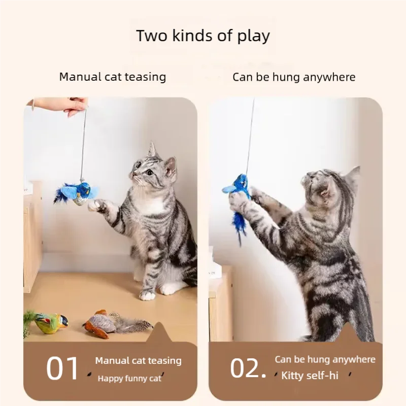 Two kinds of play for a cat toy showing manual teasing and hanging options