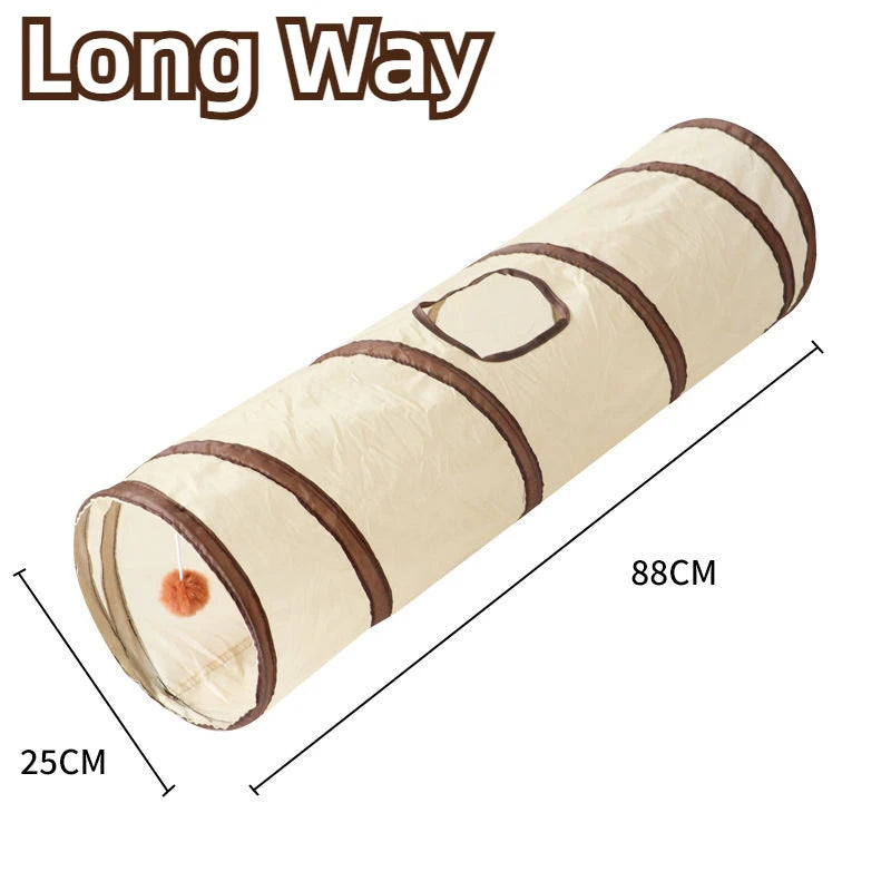 A roll of beige fabric used as a long way pet play tunnel for cats and small animals.