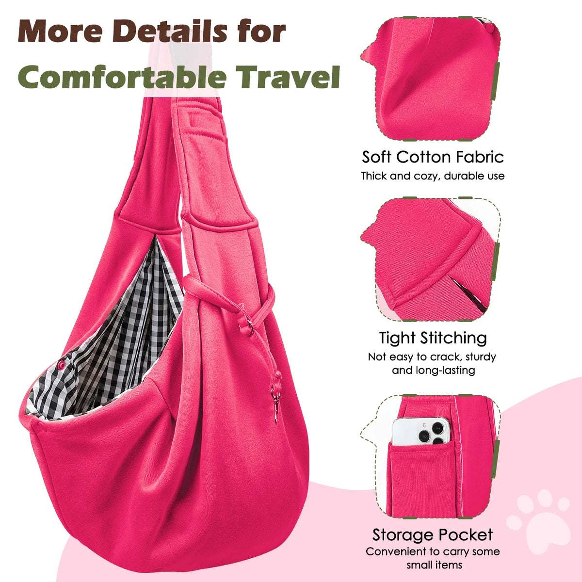 A bright pink reversible hands-free dog sling carrier bag shown with details of the soft cotton fabric and storage pocket.