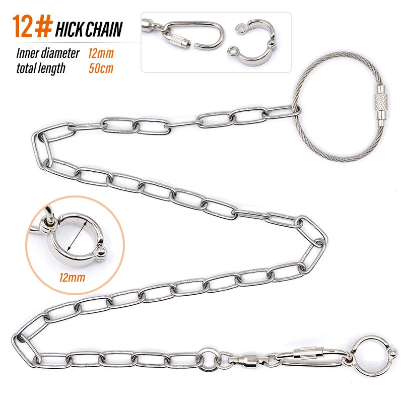 Stainless steel hick chain with a clasp and various lengths shown for parrot training.