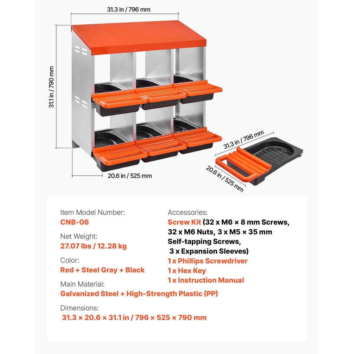 A red and steel chicken nesting box with an egg collection tray shown in a side view.