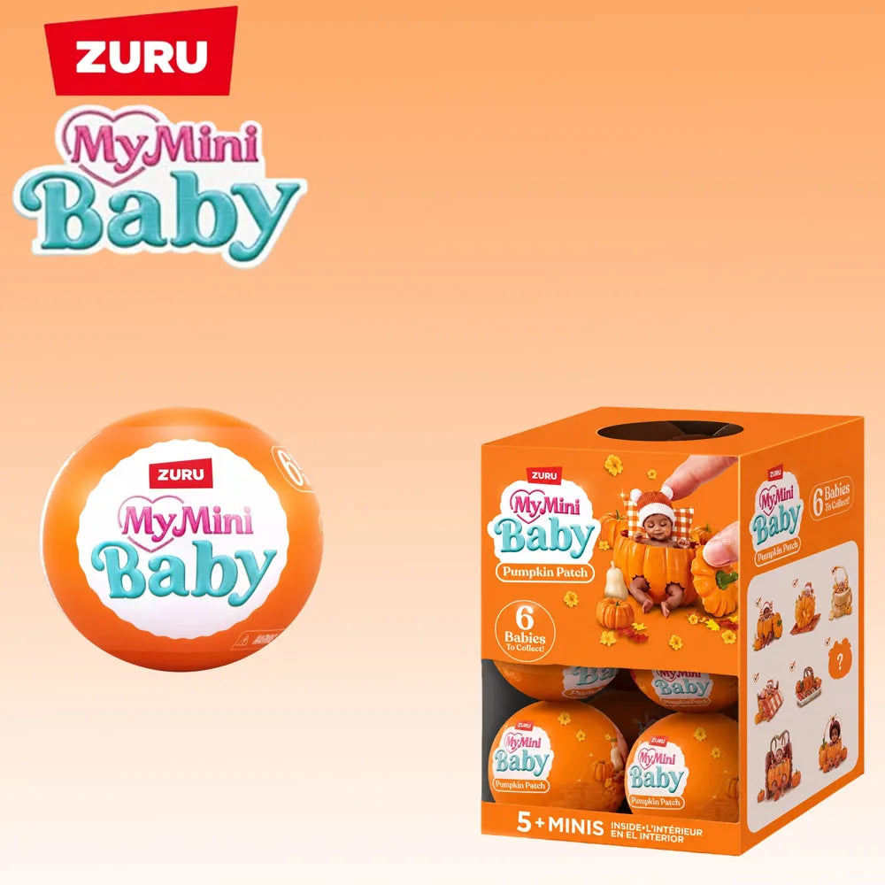 ZURU My Mini Baby Pumpkin Patch blind box collectible doll in an orange box with several baby figures.