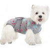 A white dog wearing a gray pet recovery suit with colorful patches.
