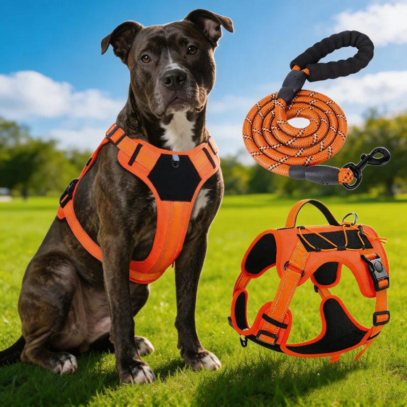 A brown dog wearing an orange tactical harness and leash sitting on green grass.