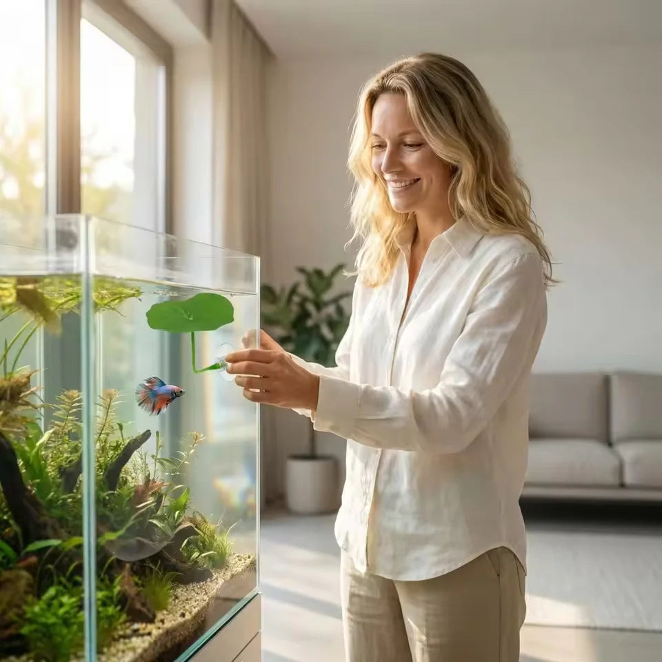A woman gently interacts with an artificial lotus leaf betta fish rest bed in a glass aquarium.