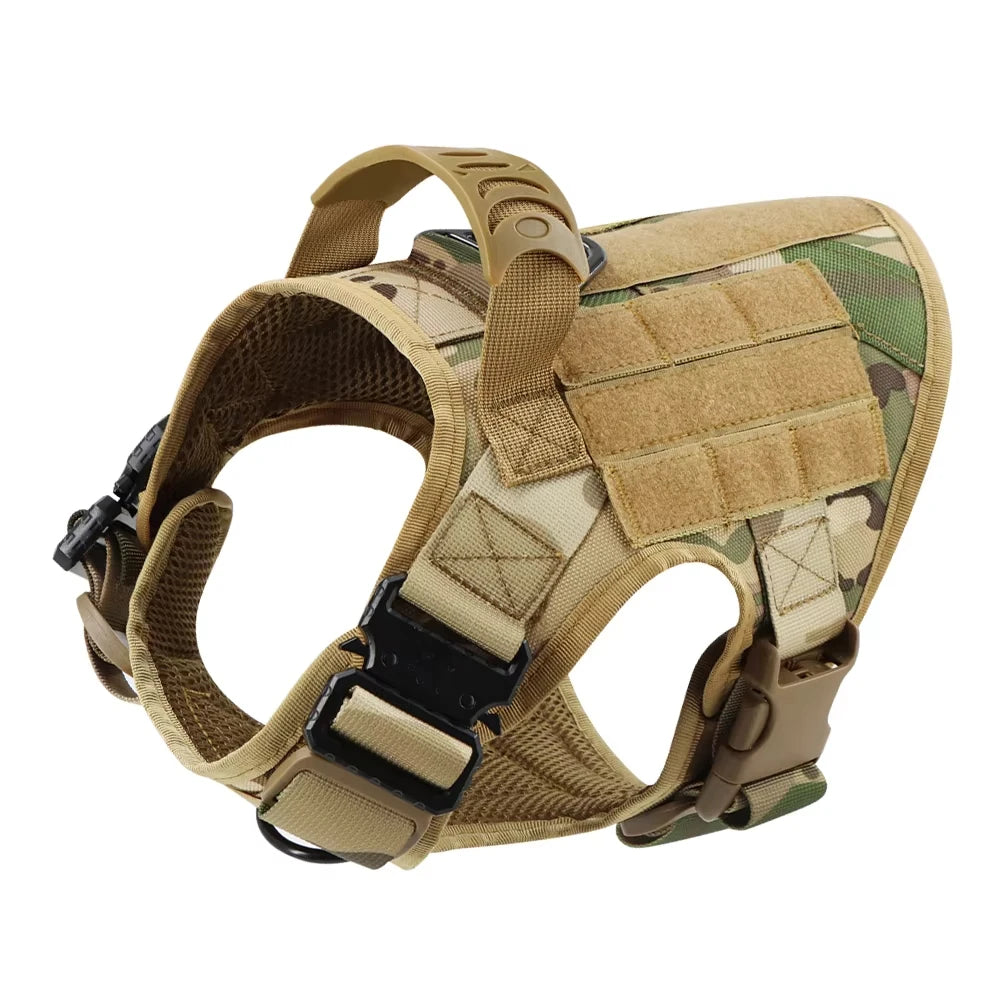 A tan tactical dog harness with a MOLLE system and leash attachments.