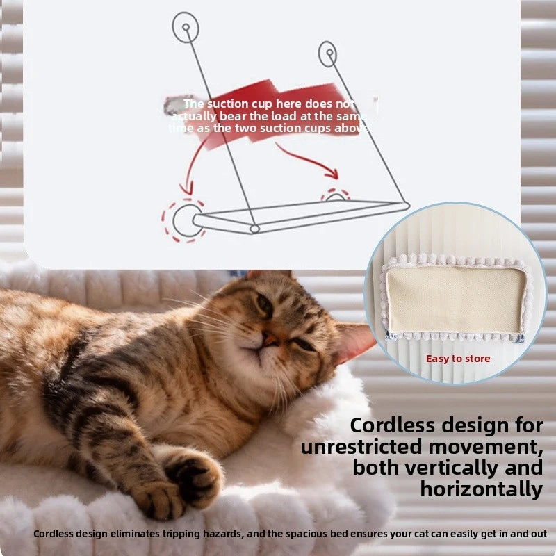 A fluffy tabby cat relaxing on a white pet bed, with an inset diagram showing the suction cup mechanism.
