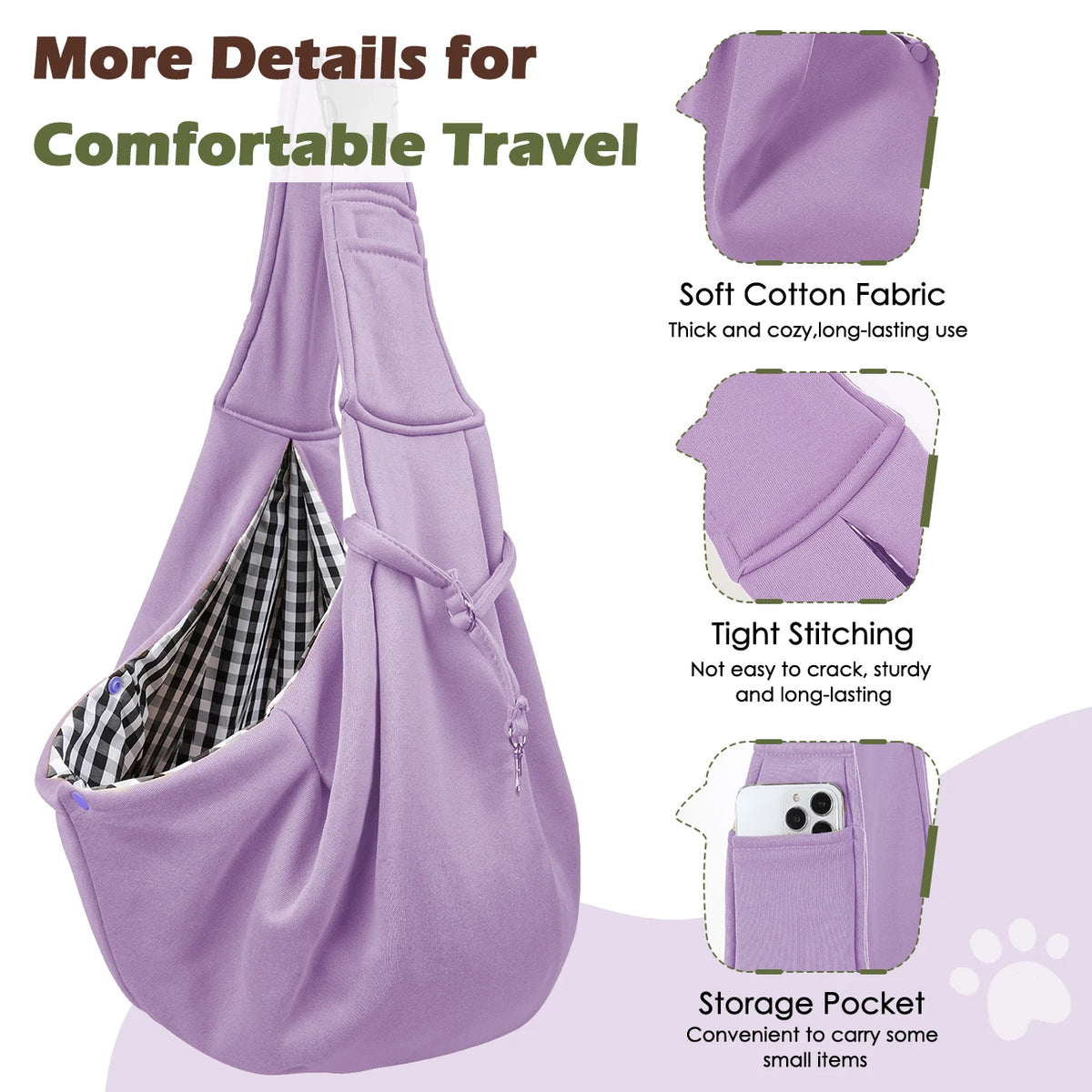 A purple reversible hands-free dog sling carrier with a storage pocket and soft cotton fabric.