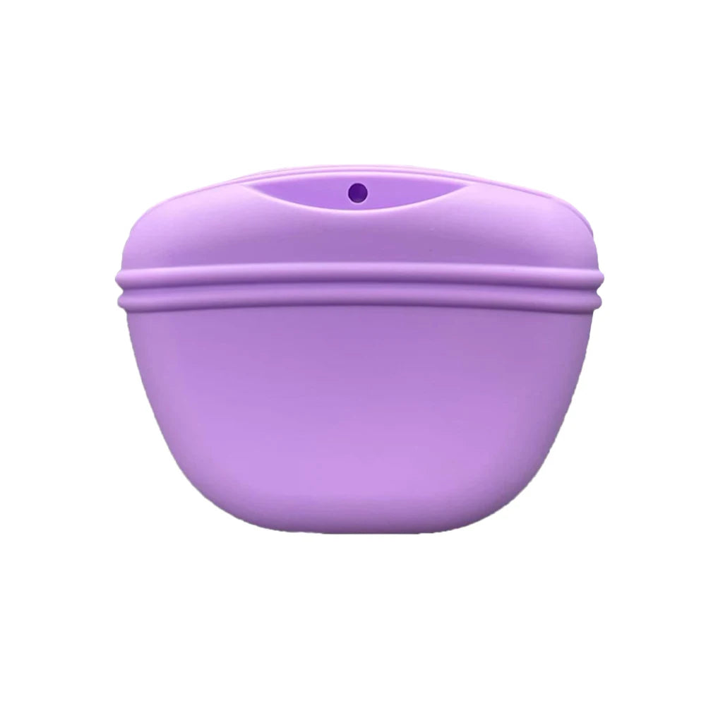 A purple silicone dog treat pouch with a magnetic closure and waist clip.