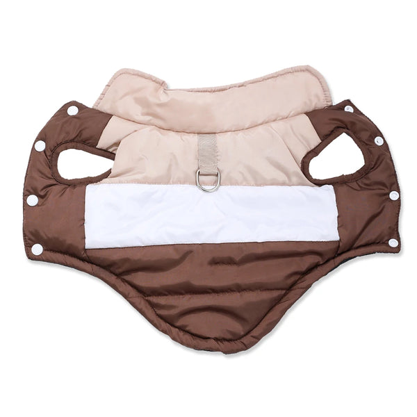 Padded windproof dog vest with a D-ring for small breeds in brown and beige colors.