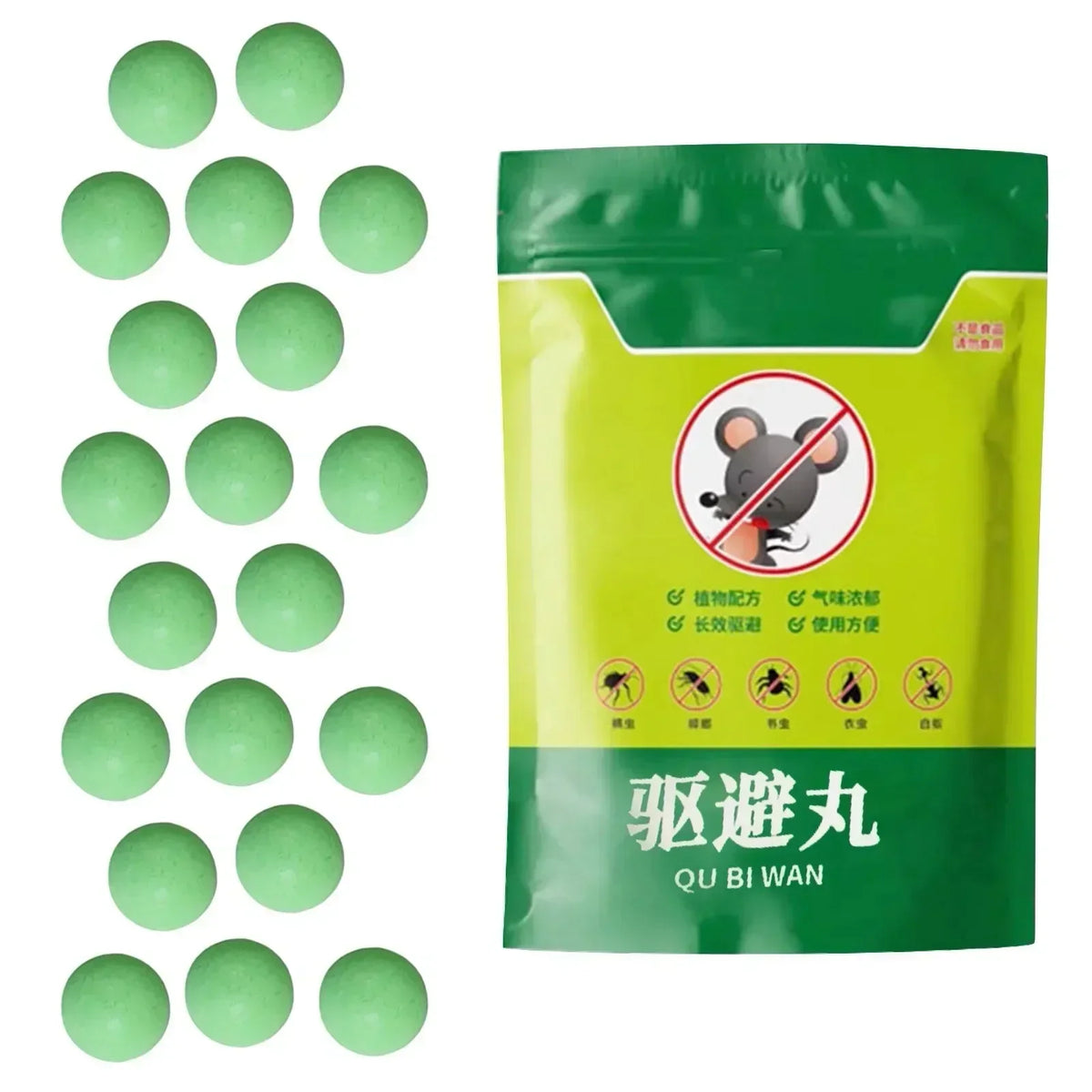 A green pouch of QU BI WAN peppermint rodent repellent balls with a white label and a graphic of a mouse.