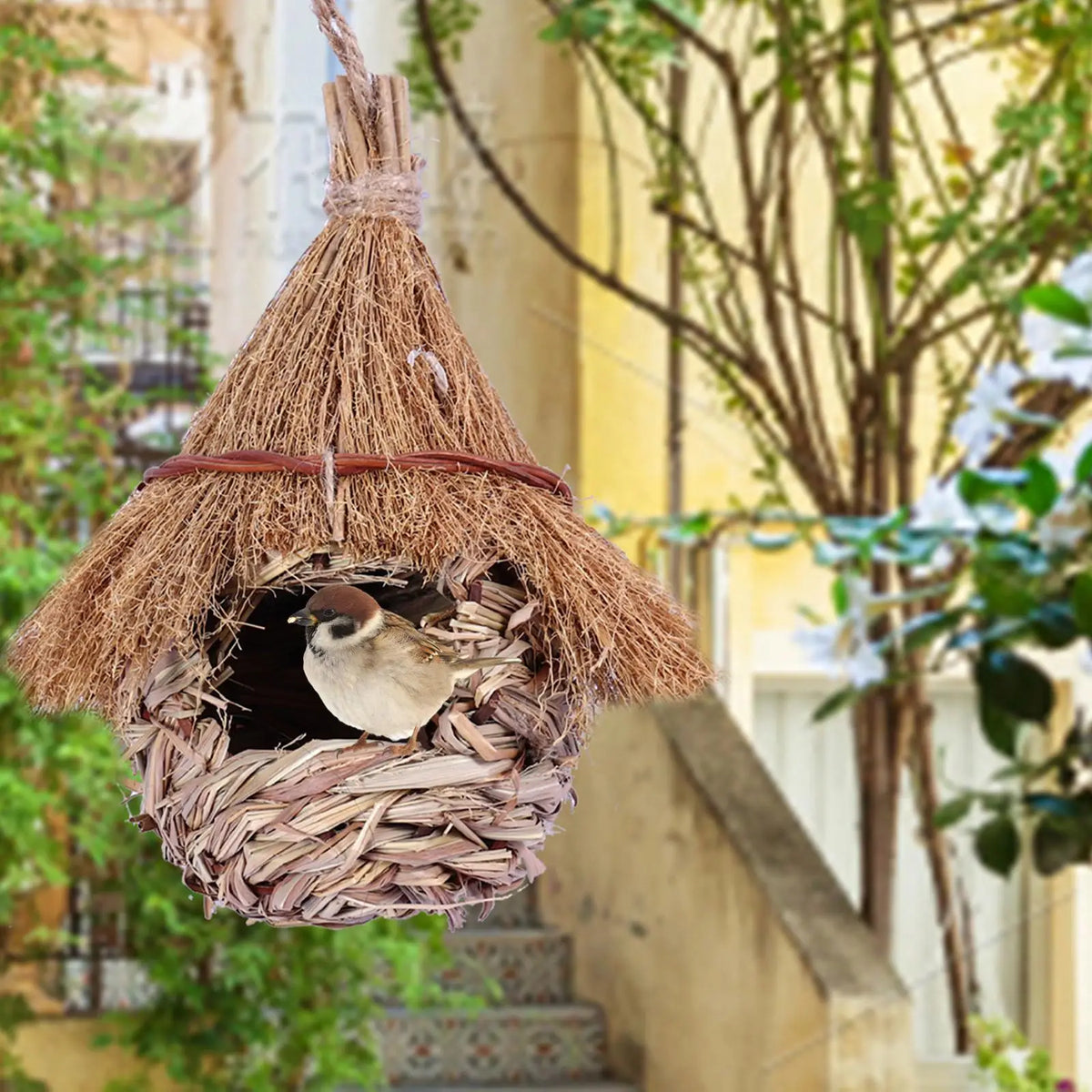 A hand-woven grass bird house hanging from a tree branch in an outdoor setting.