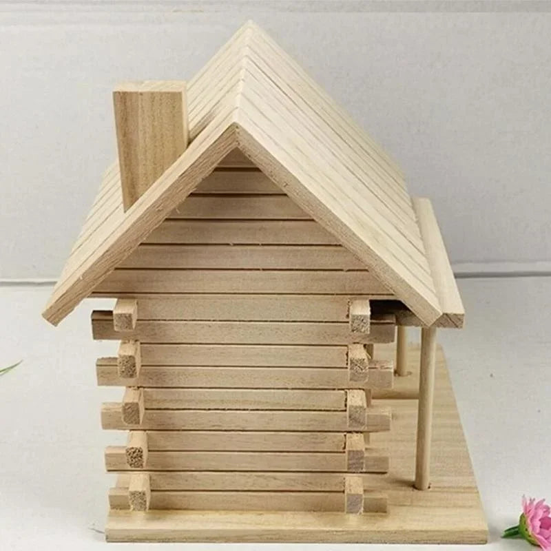 A natural light wood bird nesting box with a pitched roof and horizontal slats.
