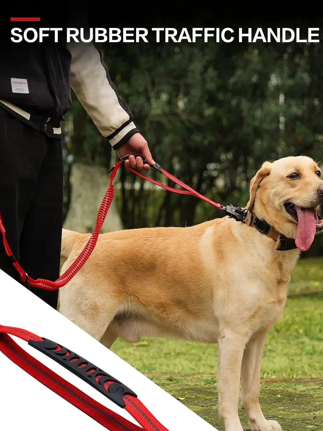 A dog is being walked on a red leash with dual handles, demonstrating the soft rubber traffic handle feature.