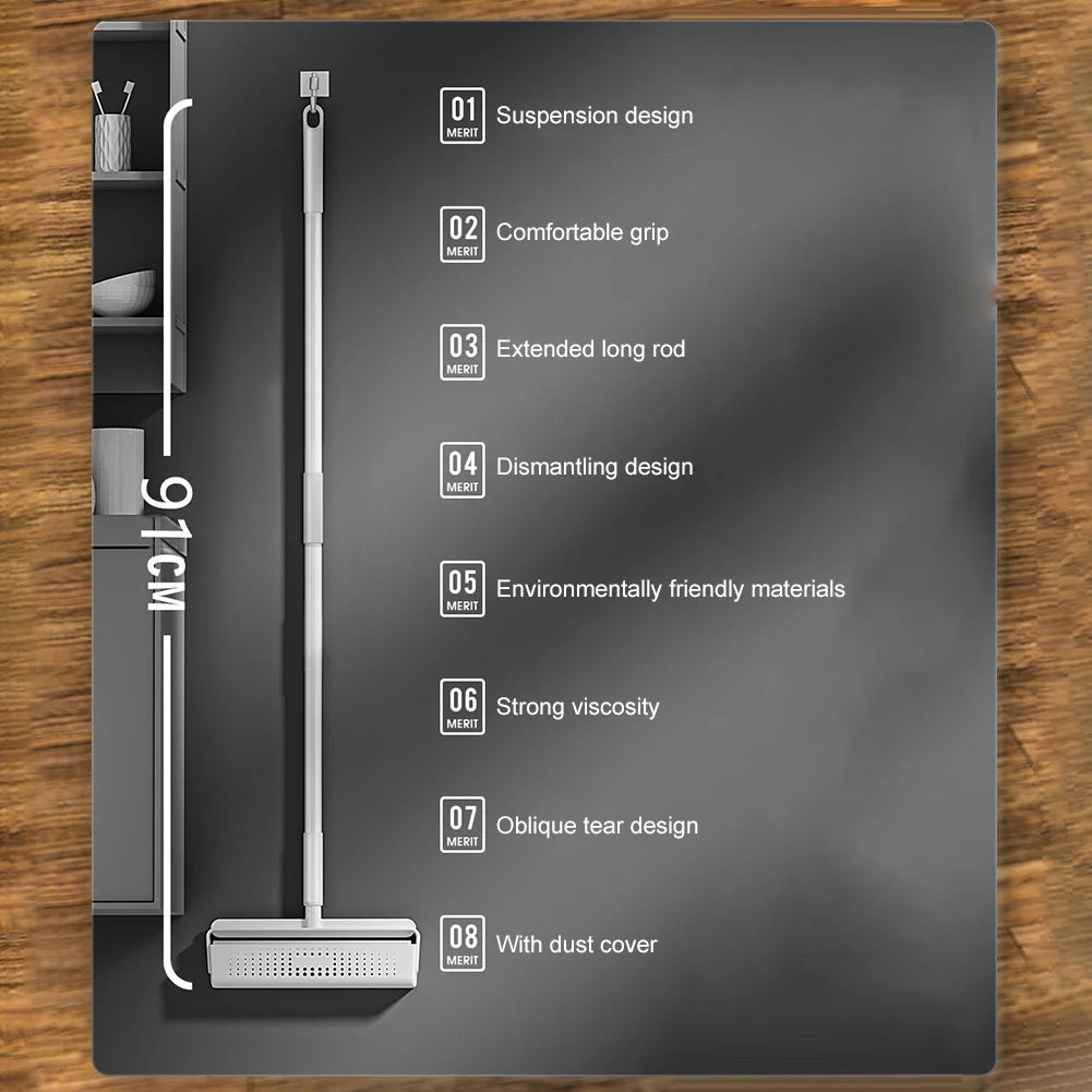 A product feature list detailing the merits of a multipurpose tearable lint roller with an extendable handle.