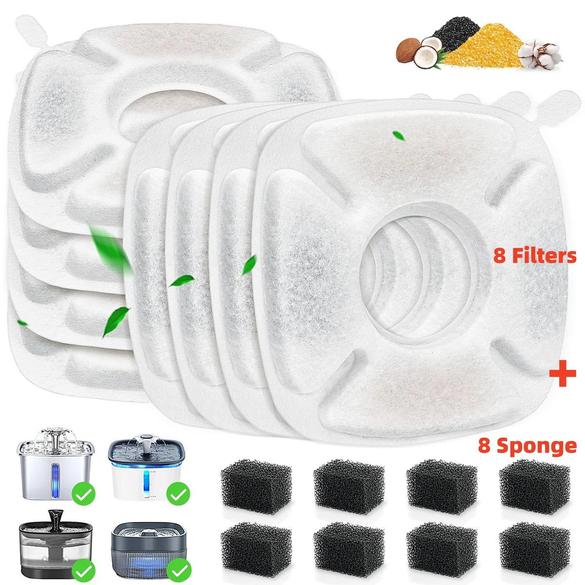 A set of replacement carbon filters and sponge pre-filters for pet fountains, showing various filter sizes and components.