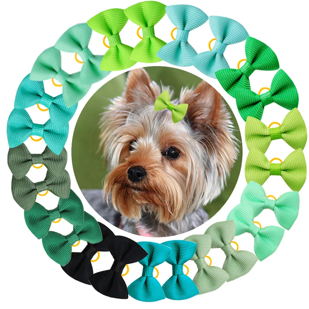 A circular arrangement of 30 colorful handmade dog bow knots for pet hair, featuring shades of green and blue.