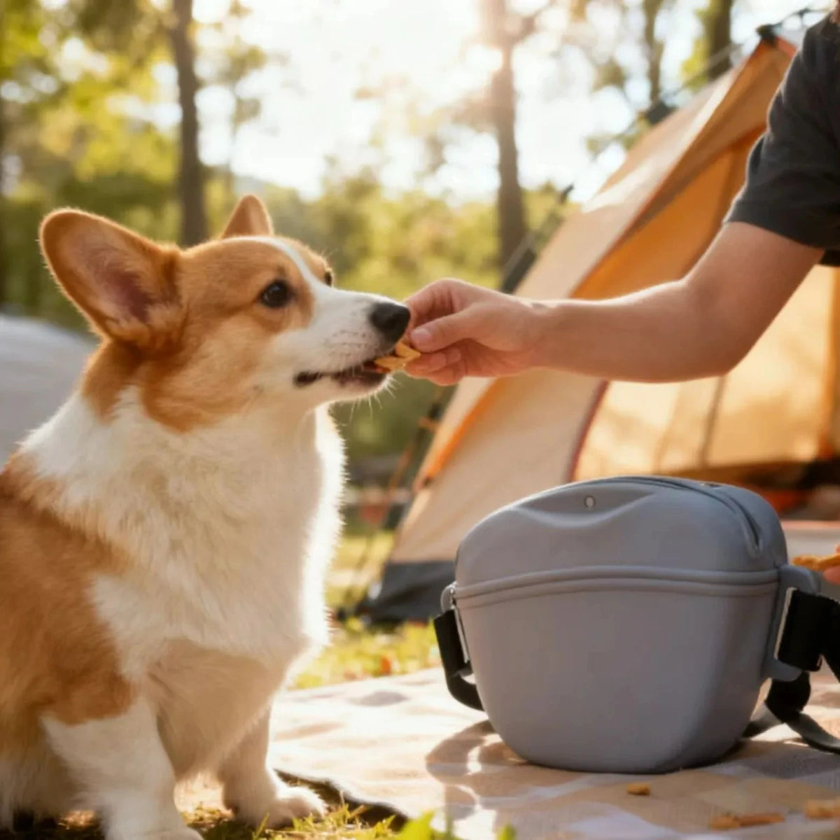 A person is offering a dog treat from a silicone pouch to a small, light brown and white dog outdoors.