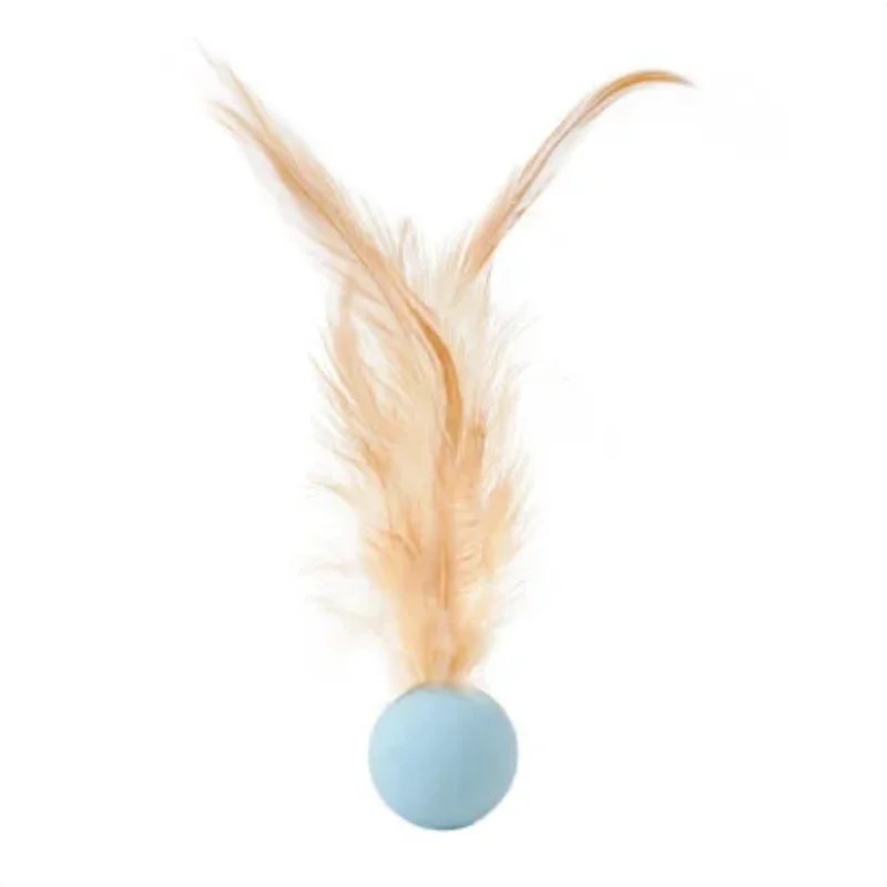A single light brown feather toy with a blue elastic ball attached.