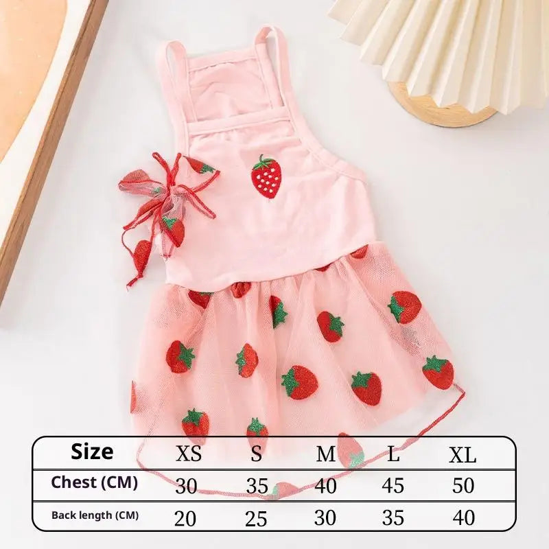 Pink strawberry princess pet dress with sheer overlay and red fruit details